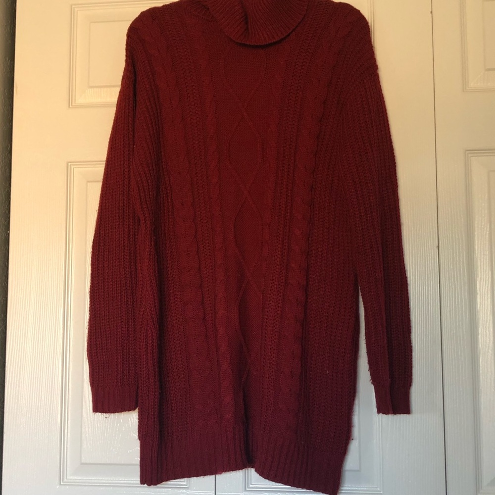 Red cable turtleneck sweater dress